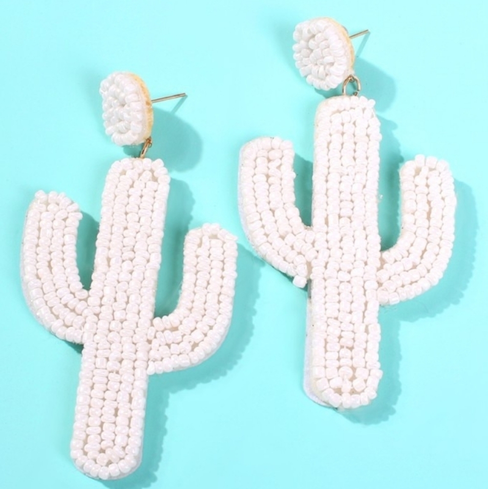 Beaded Ivory Cactus Dangle Earrings Fun Shaped